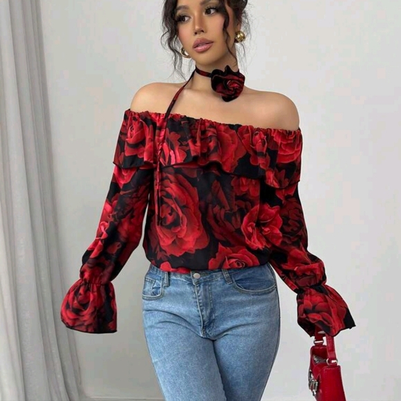 Rose Color Long Sleeve Off Shoulder Shirt With 3D Rose Design Scarf Collar - Picture 3 of 4